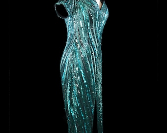 BOB MACKIE vintage heavily beaded gown sequined green dress evening formal red carpet short sleeve BOB MACKIE vintage heavily beaded gown sequined green dress evening formal red carpet short sleeve