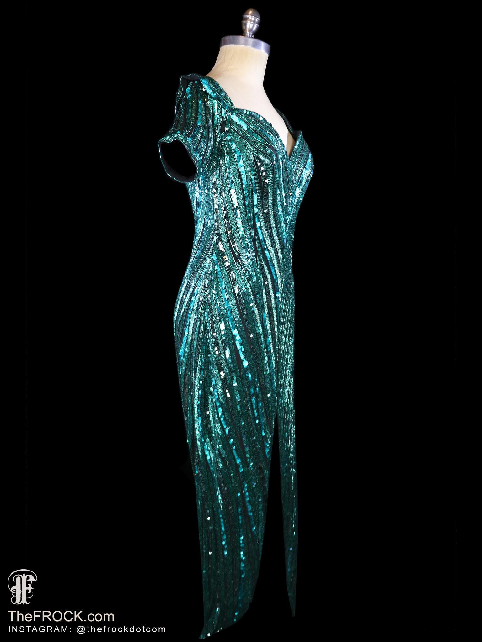 bob mackie green dress BOB MACKIE Vintage Heavily Beaded Gown Sequined Green Dress Evening Formal  Red Carpet Short Sleeve
