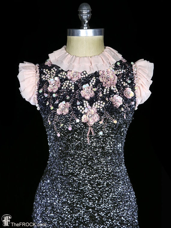 1950s Charcoal Sequin Dress, Beaded, Silk Chiffon Ruffles, Vintage Mod Body  Con LBD Black Evening Cocktail Party, Pink Cap Sleeves Collar