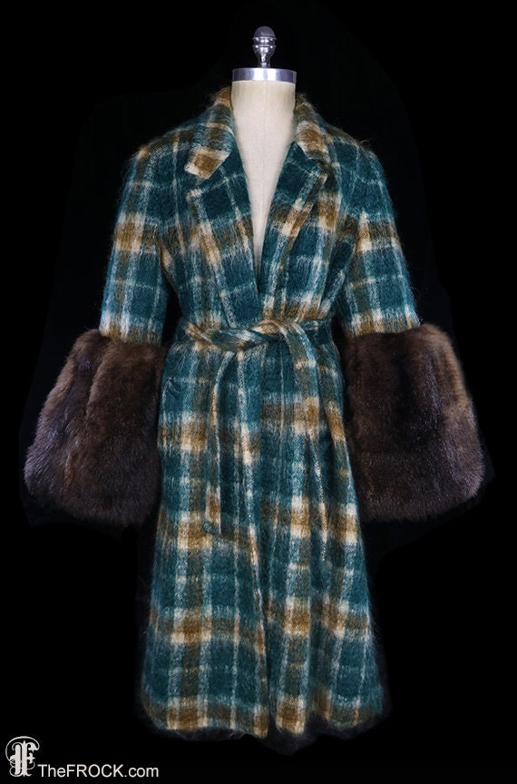 Lilli Ann fur trimmed plaid mohair coat, huge cuff