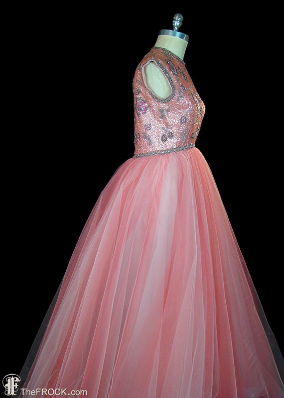 1950s beaded sequin tulle gown, evening, prom, re… - image 3