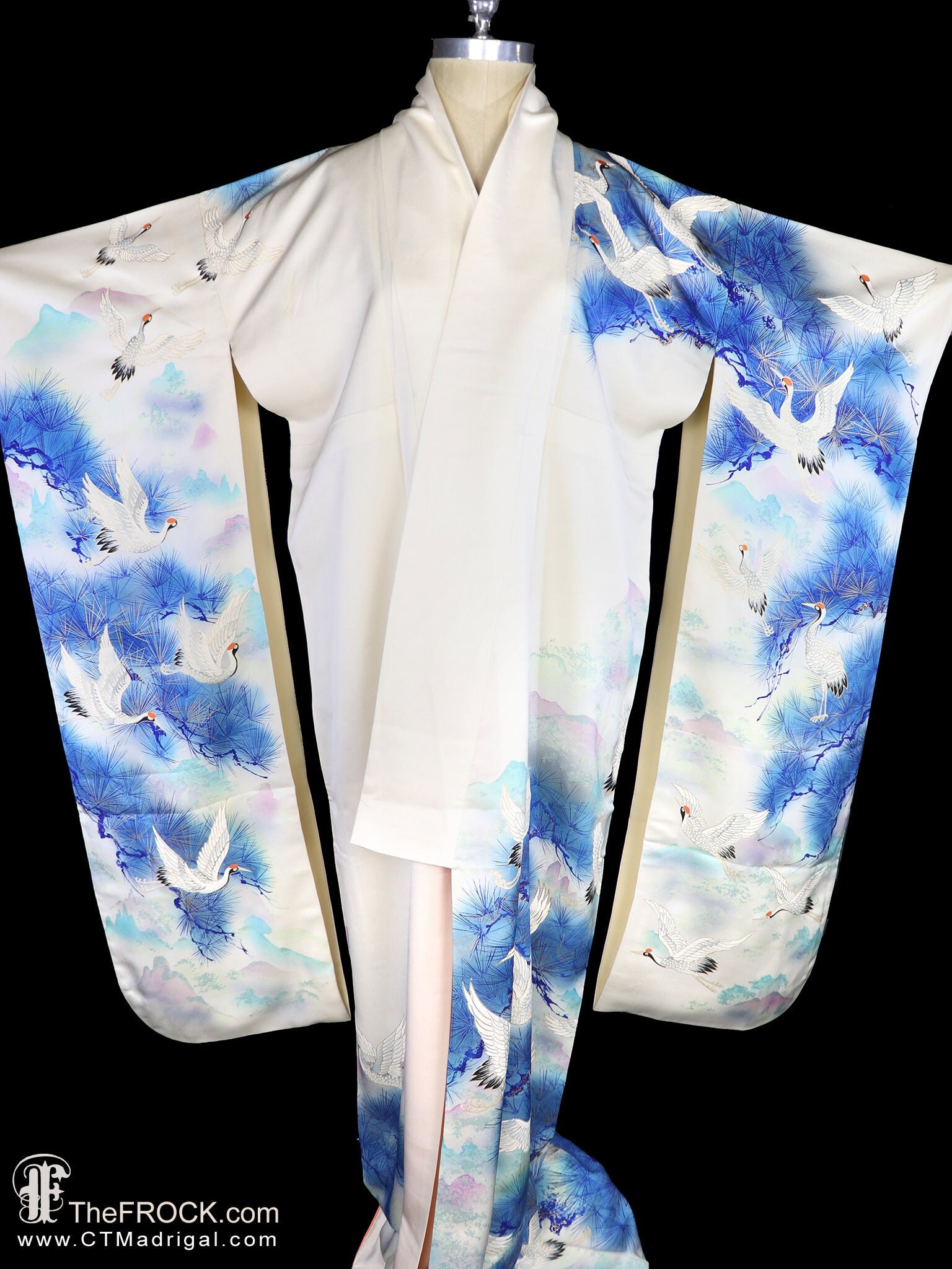 Vintage silk kimono, robe or coat or dressing gown, ivory blue satin furisode, birds feathers flowers landscape, floor length long sleeves
