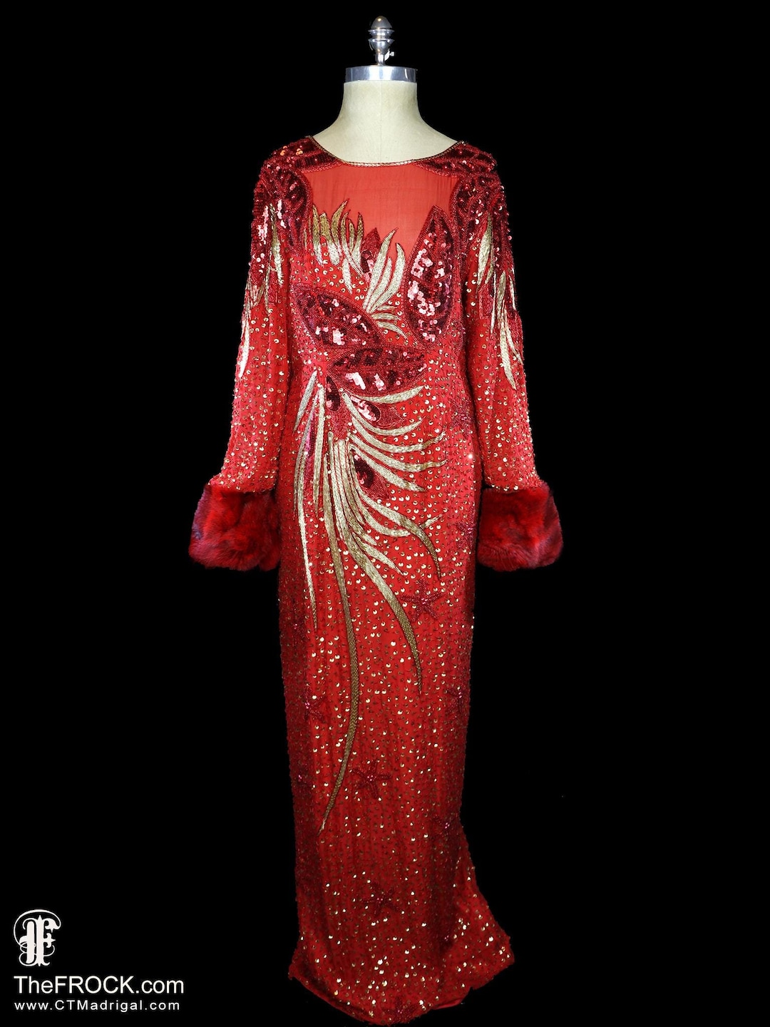 Vintage 1980's BOB MACKIE Size L Black Jersey Red Beaded Neck Dress main image 1