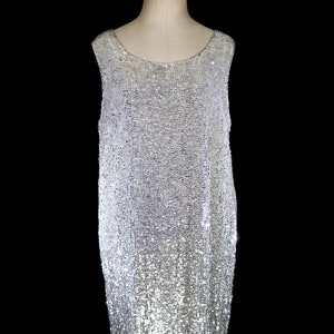 Halston vintage sequined dress, silver sack dress designer 1970s 1980s sleeveless gown, loose relaxed fit flapper style metallic red carpet