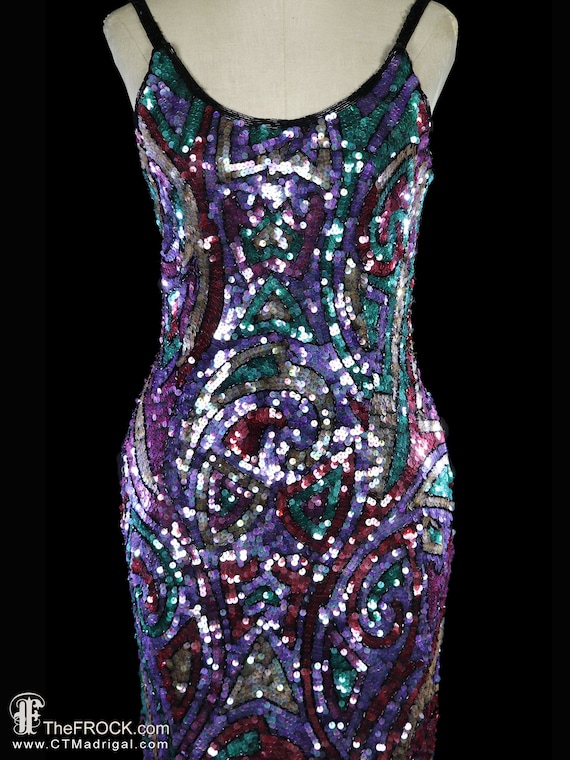 Floor length sequin gown, op-art graphic tank dre… - image 2