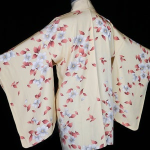 Yellow silk haori kimono, robe or jacket or dressing gown, vintage flowers floral trees leaves blossoms, short, long sleeves, pink white image 7