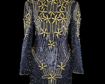 balmain gold sequin dress Knee Length Black Wedding Dress with Gold Underlay and Sash main image 0