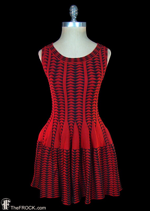 Azzedine Alaia dress, red black stretch knit, slee