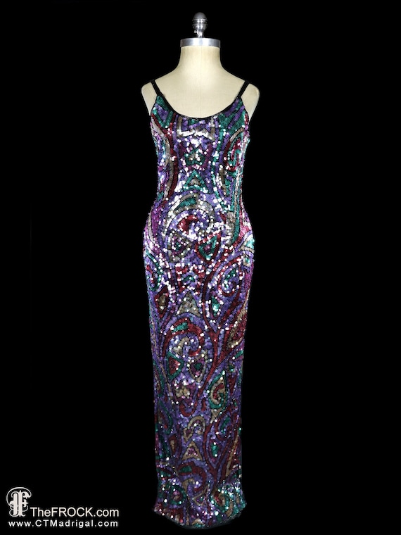 Floor length sequin gown, op-art graphic tank dre… - image 1
