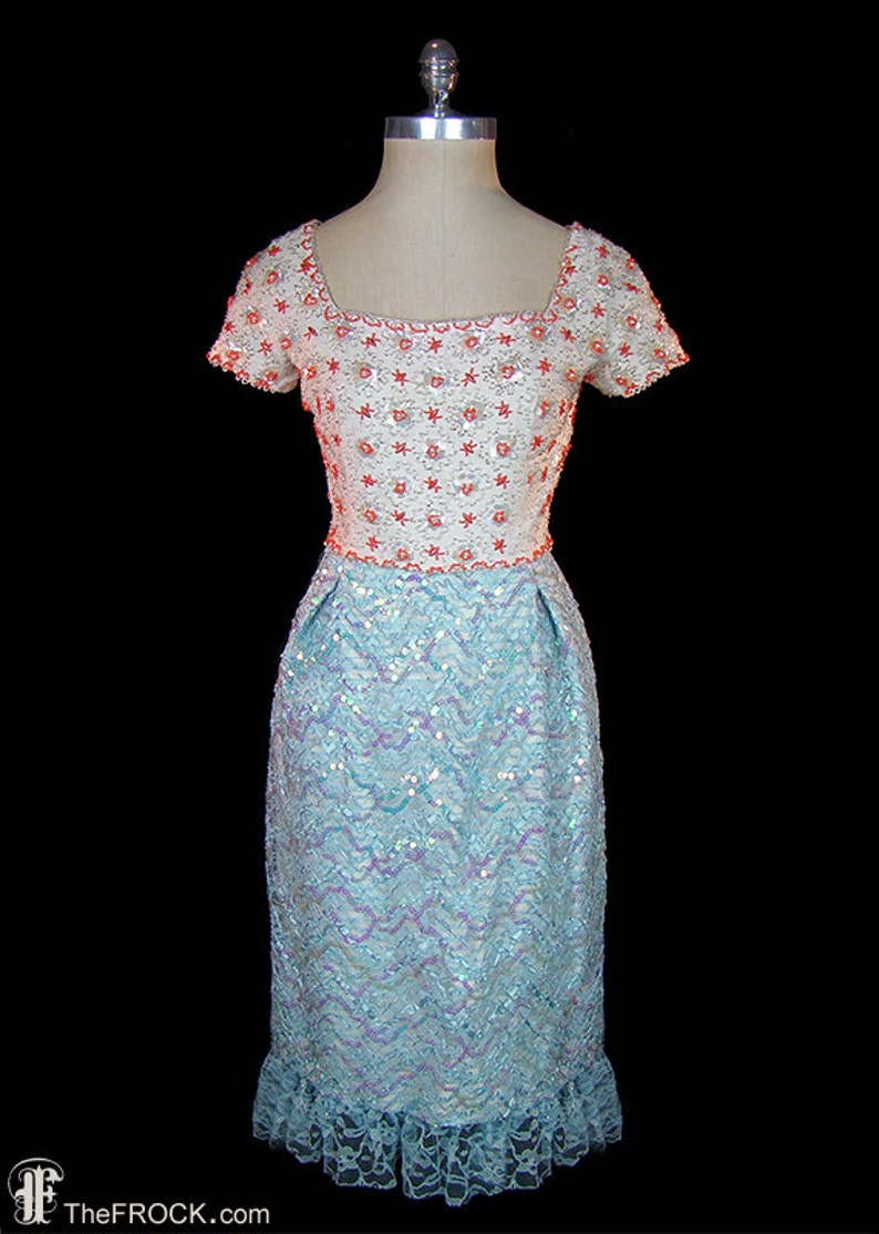 1950s / 1960s beaded sequined dress, blue orange white, lace trim, heavily embellished cocktail evening reception party dress image 1