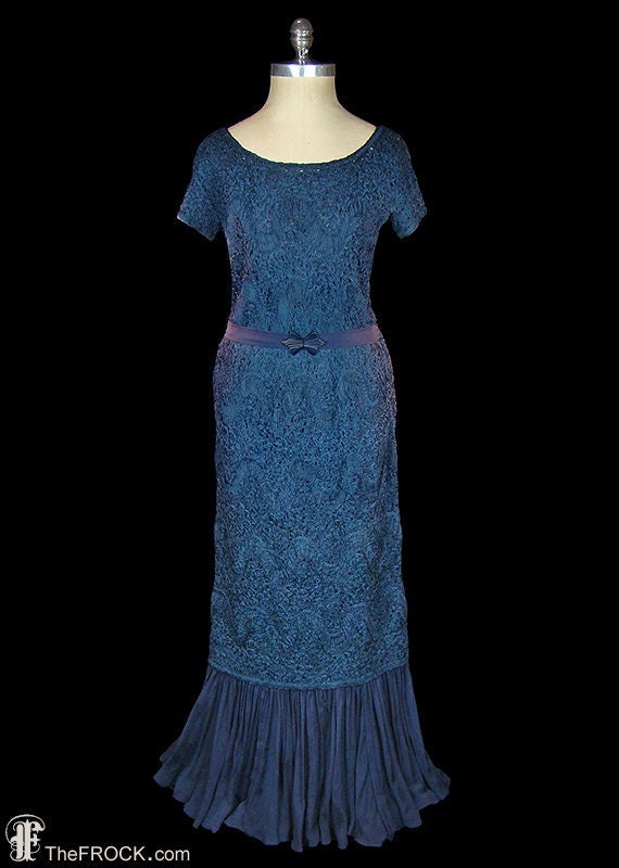 1930s gown, midnight blue ribbon & silk chiffon, a