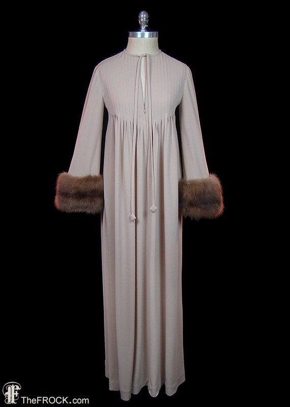 Bill Blass maxi dress, sable fur trimmed gown precision pin tucks throughout. Taupe beige color, large loose relaxed fit, long sleeves Bill Blass maxi dress, sable fur trimmed gown precision pin tucks throughout. Taupe beige color, large loose relaxed fit, long sleeves