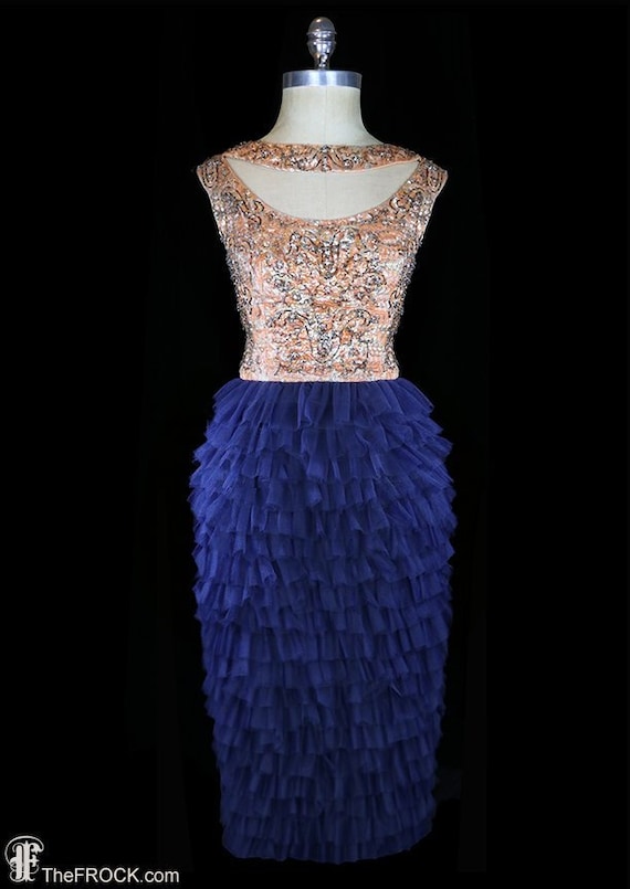 1950s gold beaded sequined dress, ruffled blue tul