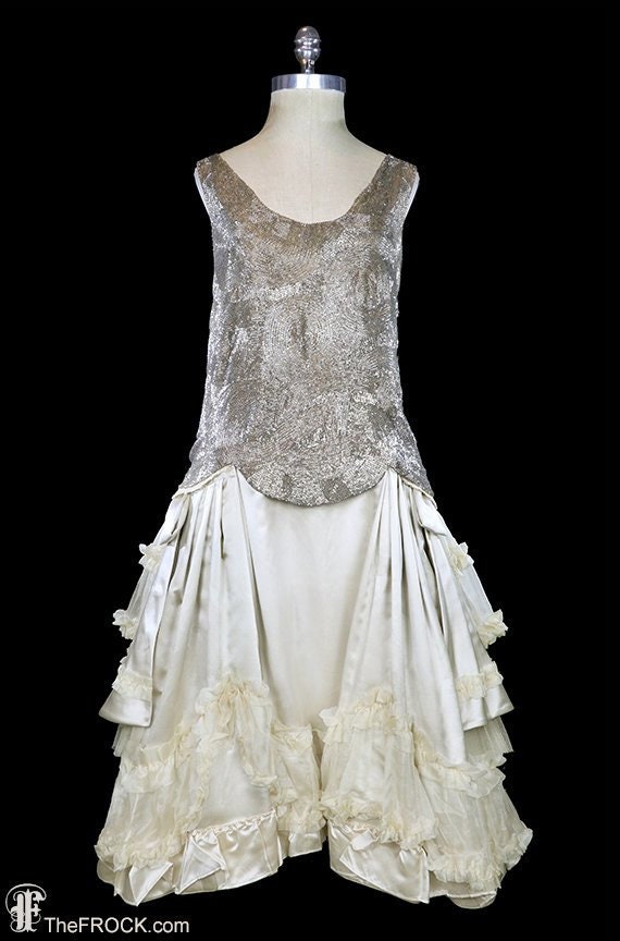 Antique flapper era dress, heavily beaded silk wed