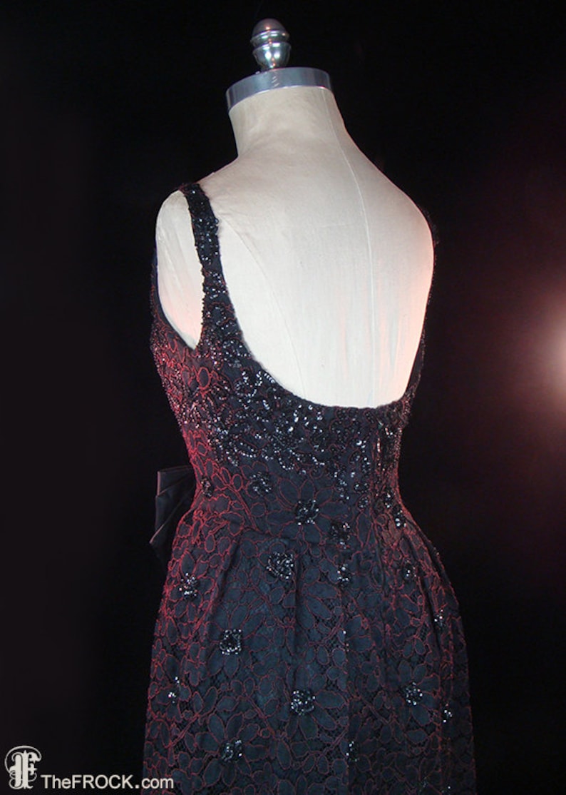Givenchy Beaded Black Lace Dress W/ Silk Taffeta Bow Waist and Ruffled ...