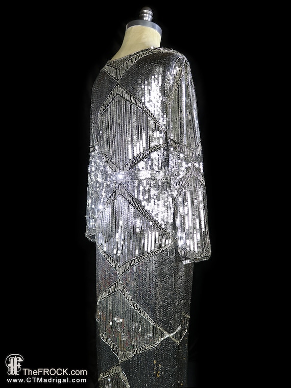 Halston Sequined Evening Dress, Belted Silver Metallic Beaded Flapper Gown 1970 1980 70s 80s Art Deco Vintage, Silk Relaxed Fit Long Sleeves