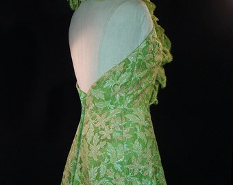 Vintage Oscar De La Renta Gown, Shimmering Green Lace Halter