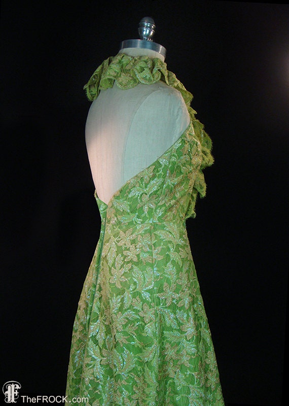 Vintage Oscar De La Renta Gown, Shimmering Green Lace Halter Maxi
