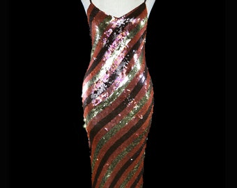 Halston sequined evening dress, metallic beaded gown 1970 1980 70s 80s vintage silk body con sleeveless stripe brown copper gold