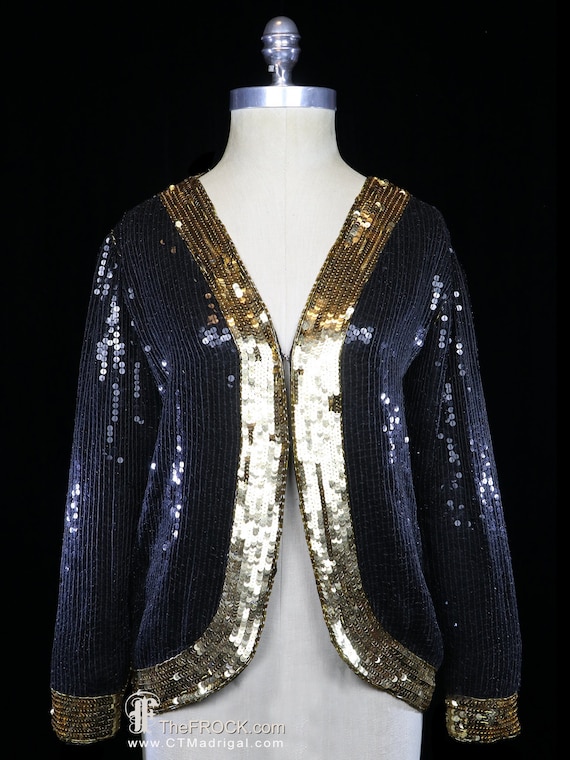 HALSTON sequin jacket, black gold evening coat, go