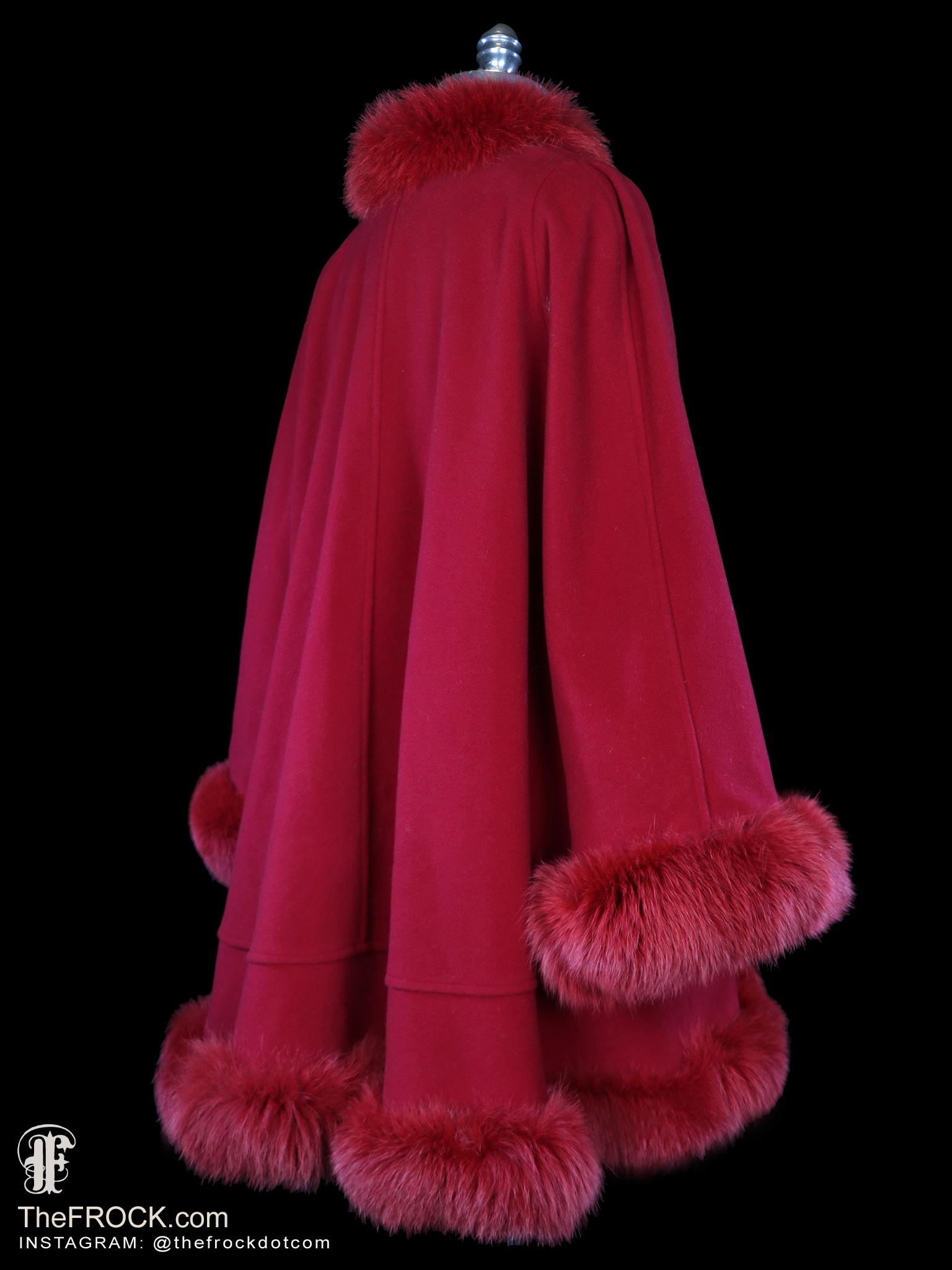 Vintage Valentino Red Cashmere Cape-like Coat, Fox Fur Collar