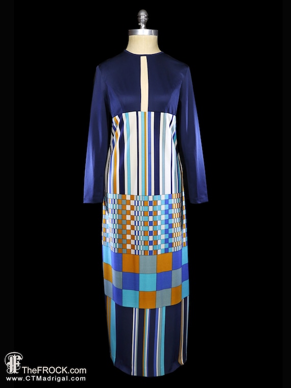 Bonwit Teller op art maxi dress, keyhole gown 1960
