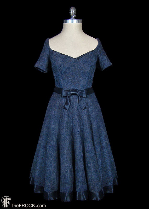 Oleg Cassini dress 1950s 1960s midnight blue lace,