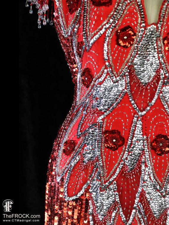 Red sequin gown beaded fringe dress, sleeveless r… - image 3