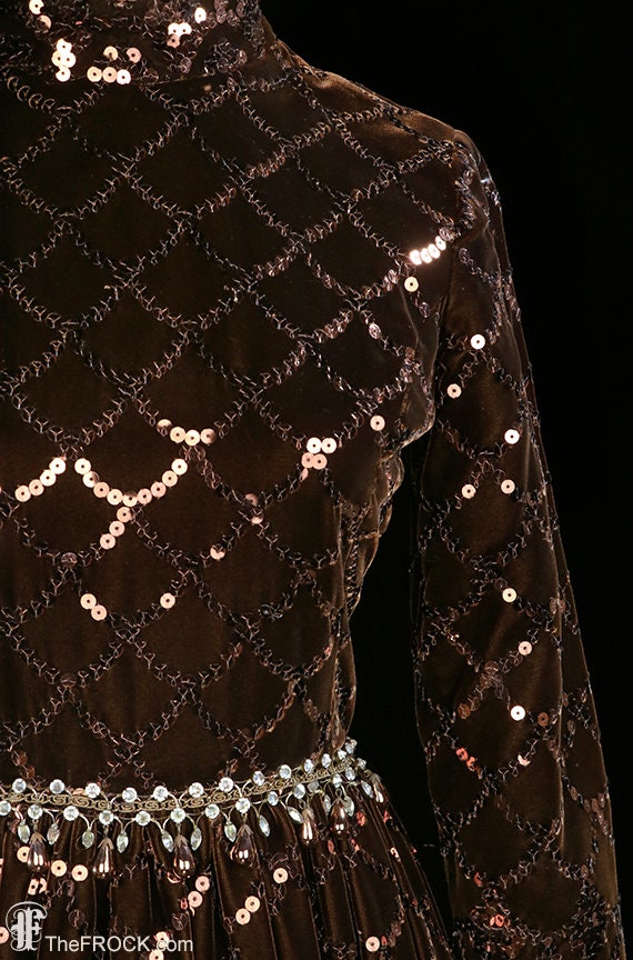 Buy George Halley 1960s Gown, Sequined Brown Velvet Dress, Heavily Beaded  Jeweled Couture Maxi, 1960s 1970s, Long Sleeve, Rhinestones Crystals Online  in India - Etsy