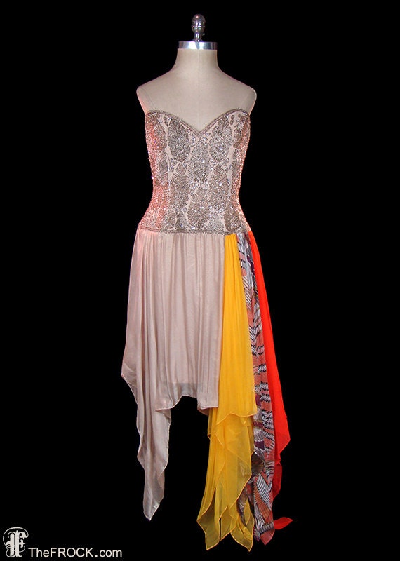 Mollie Parnis beaded boho gypsy dress, rhinestones