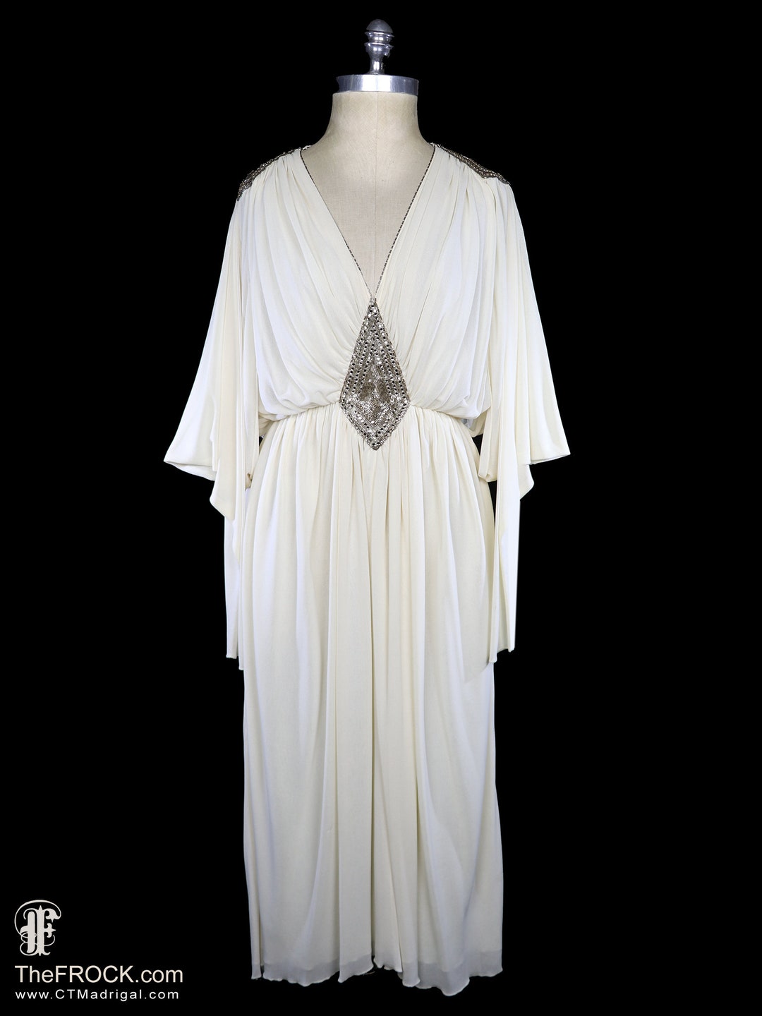 Martha Phillips Vintage Beaded Ivory Grecian Goddess Dress 1970s 1980 martha-phillips-vintage-beaded-ivory-grecian-goddess-dress-1970s-1980