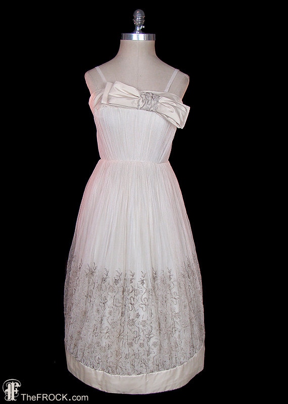 Bob Bugnand evening or wedding dress, metallic embroidered net w/ silk taffeta bows & trims, off White ivory, French 1950s 1960s couture Bob Bugnand evening or wedding dress, metallic embroidered net w/ silk taffeta bows & trims, off White ivory, French 1950s 1960s couture