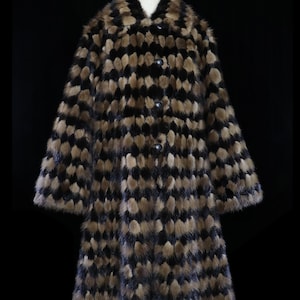 GALANOS mink coat vintage 1980s fur jacket stripe checkerboard harlequin pattern stripes animal print tiger zebra 1960s 60s 70s mod boho spy image 1
