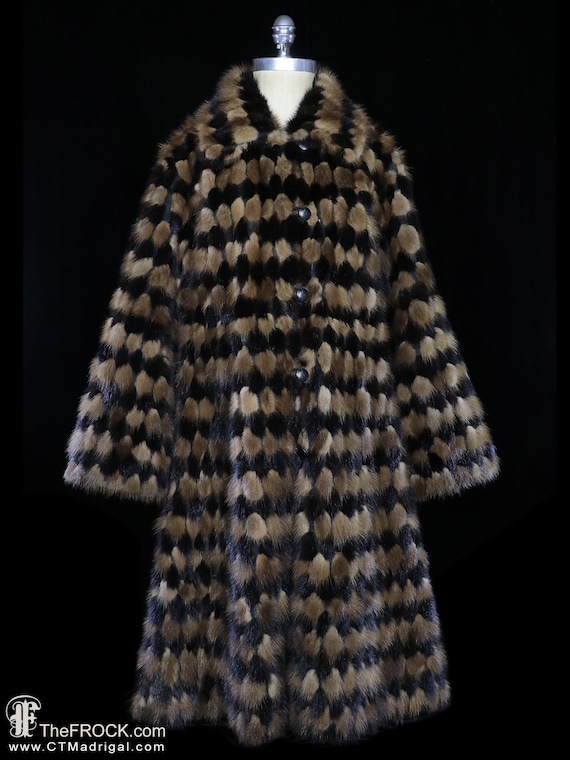 GALANOS mink coat vintage 1980s fur jacket stripe checkerboard harlequin pattern stripes animal print tiger zebra 1960s 60s 70s mod boho spy