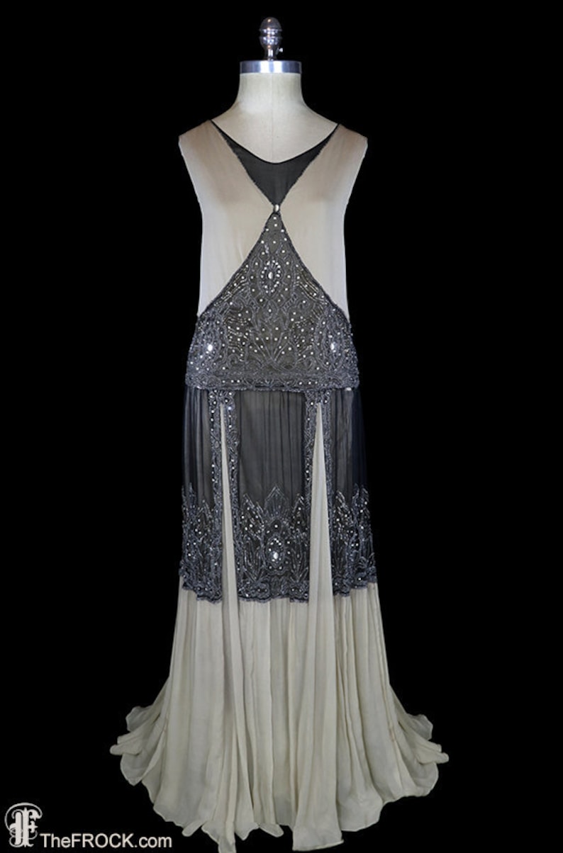 Artdeco Beaded Gown 1920s Flapper Dress Silk Chiffon Beige Etsy