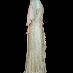 1930 antique lace wedding dress, sleeveless silk chiffon, mermaid hem, romantic silk flower bouquet, feminine cape caped back, art deco image 4