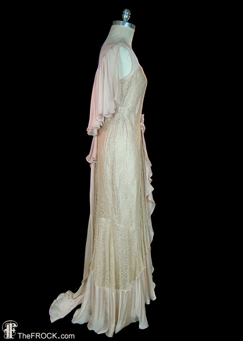 1930 antique lace wedding dress, sleeveless silk chiffon, mermaid hem, romantic silk flower bouquet, feminine cape caped back, art deco image 4