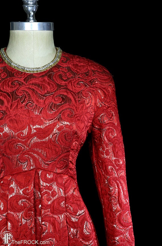 C. 1970 gold metallic red silk matelassé gown, la… - image 2