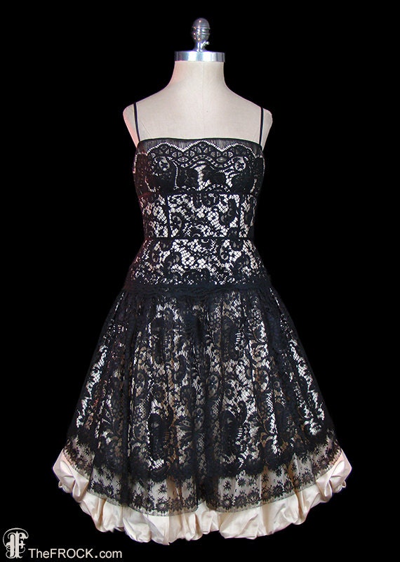 David Fielden black lace dress over ivory silk sa… - image 2