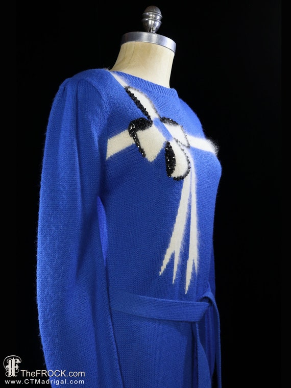 Belted blue Angora sweater dress, black beaded se… - image 4