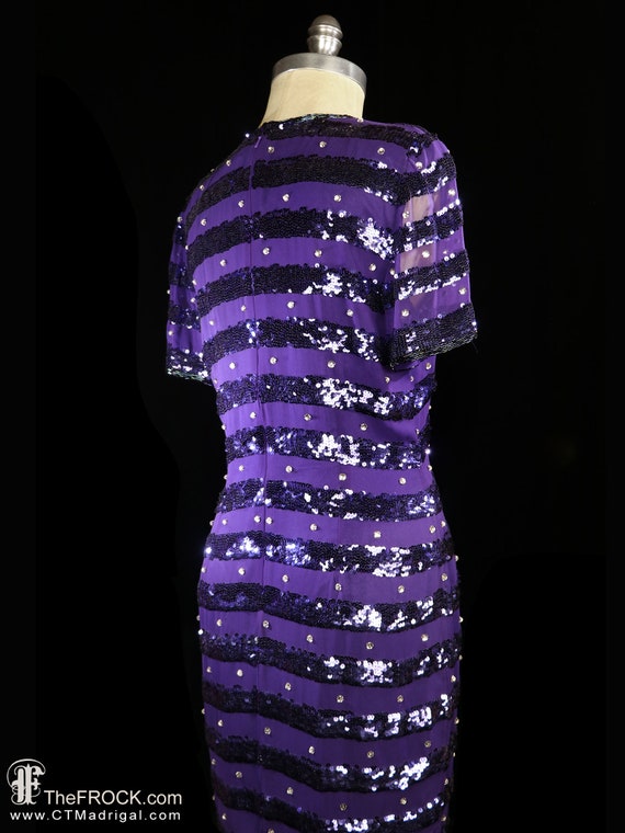 sachin and babi light blue dress Saks 5th Ave Beaded Sequin Cocktail Dress Silk Chiffon Georgette Long  Sleeve Colorful Stripe Black Blue Red Yellow Pink 1980 80s Jewel Tone