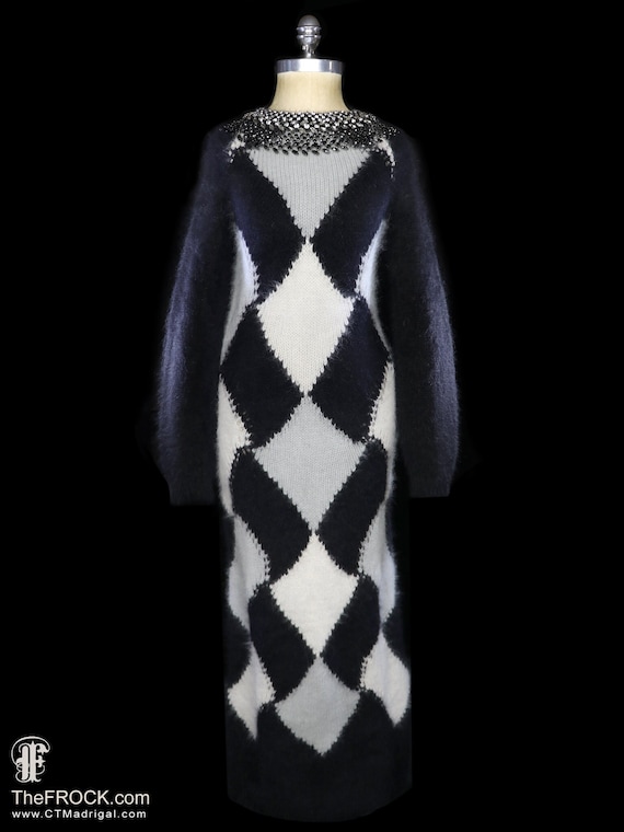 Ermanno Scervino jeweled Black gray ivory White Angora sweater dress, floral length gown long sleeves relaxed fit argyle harlequin pattern