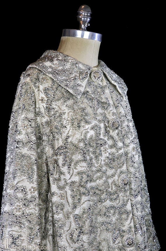 Long vintage beaded coat, silver silk satin eveni… - image 3