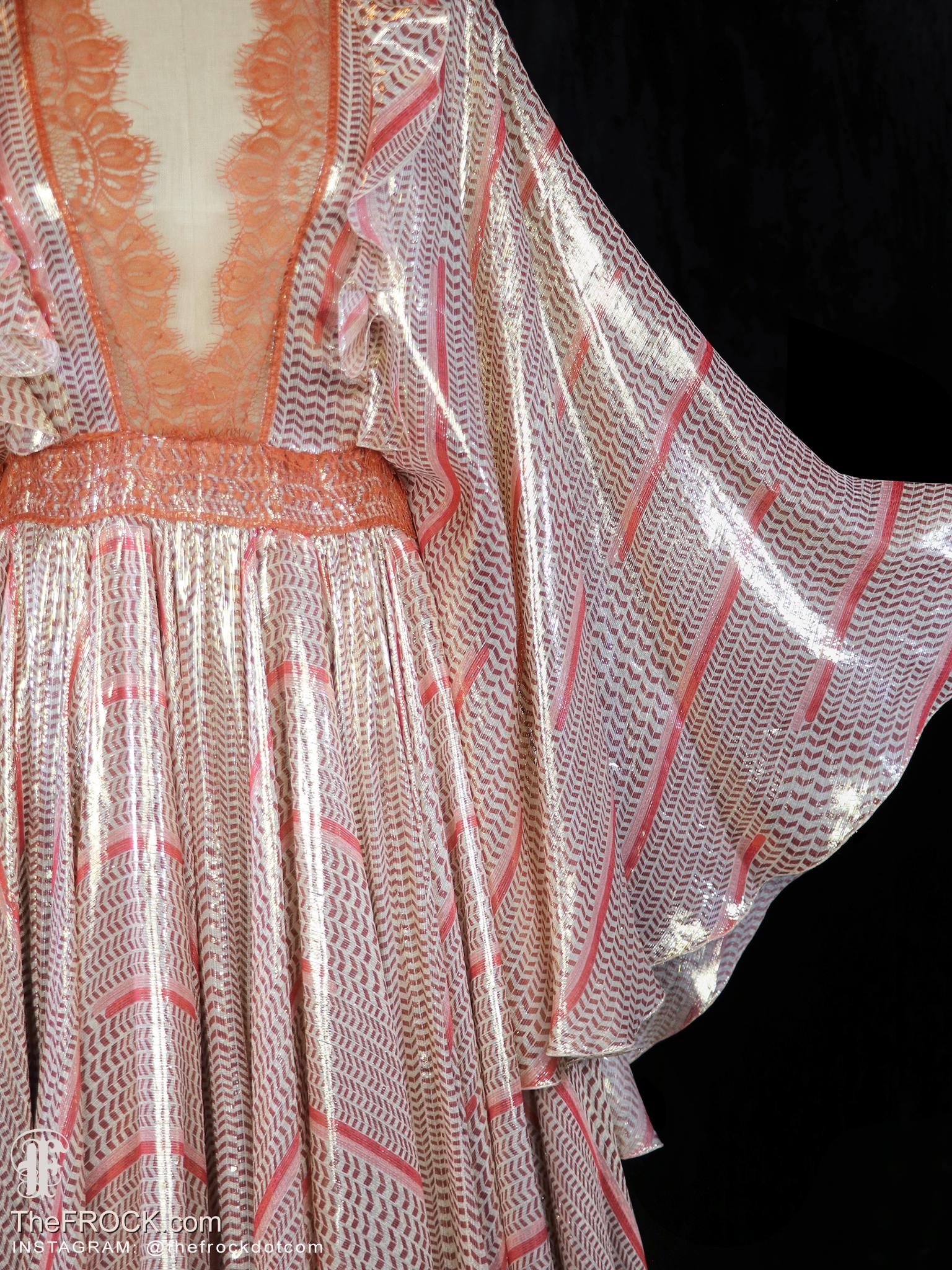 Giambattista Valli Maxi Dress Metallic Gold Red Carpet Gown Avant Garde Angel Wing Sleeves Stripe Pattern Lace Dcollet Boho Bohemian