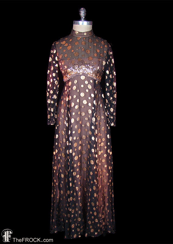 Mollie Parnis beaded gown, gold metallic black sil