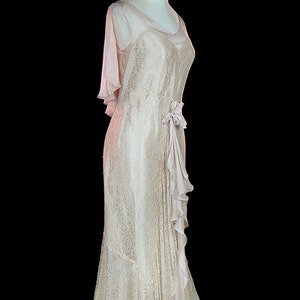 1930 antique lace wedding dress, sleeveless silk chiffon, mermaid hem, romantic silk flower bouquet, feminine cape caped back, art deco image 3