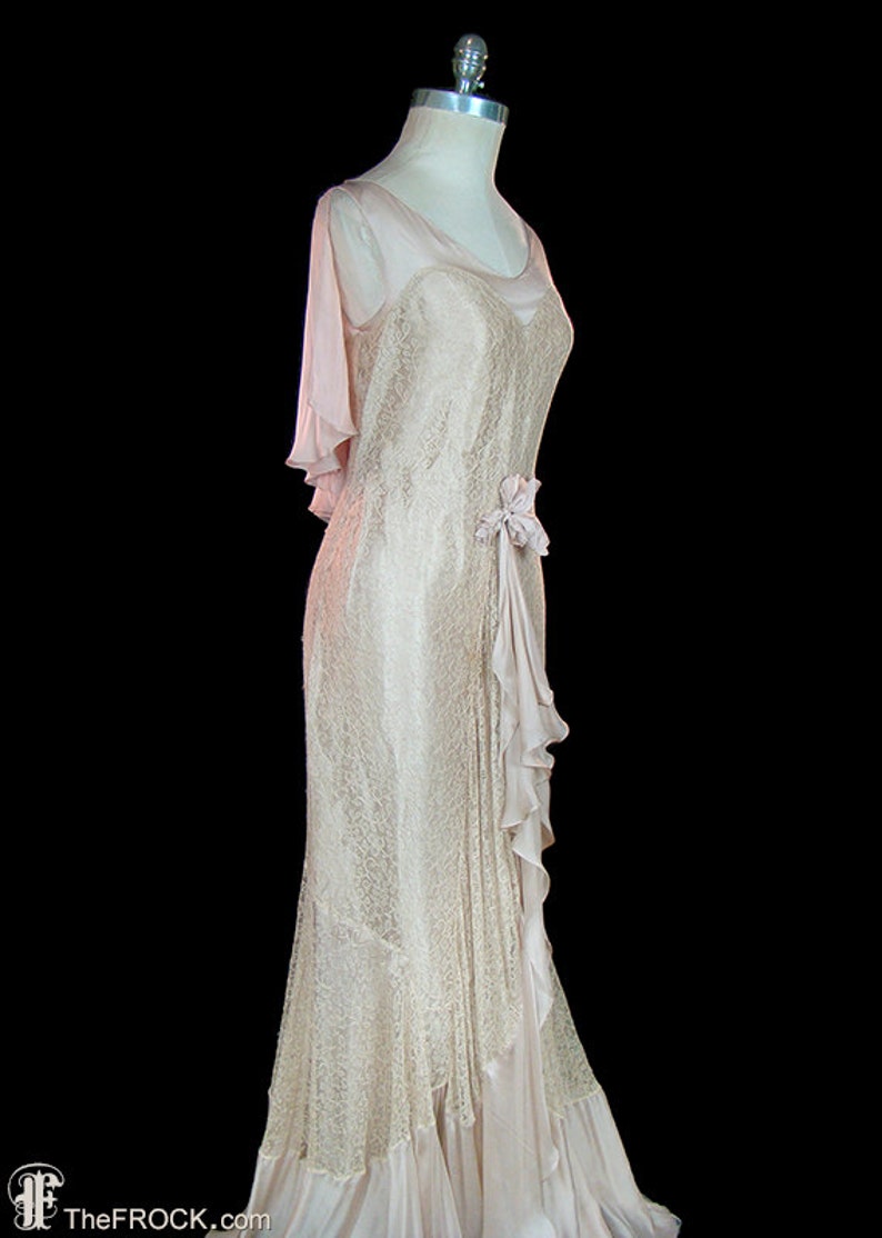 1930 antique lace wedding dress, sleeveless silk chiffon, mermaid hem, romantic silk flower bouquet, feminine cape caped back, art deco image 3