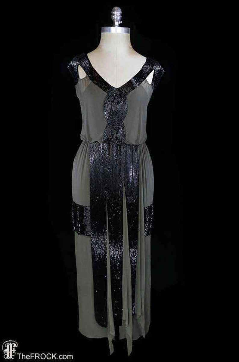 Art-deco beaded dress, 1920s 1930s, flapper, silk chiffon, green black, antique couture, Great Gatsby era, sleeveless, heavily beaded, rare image 1