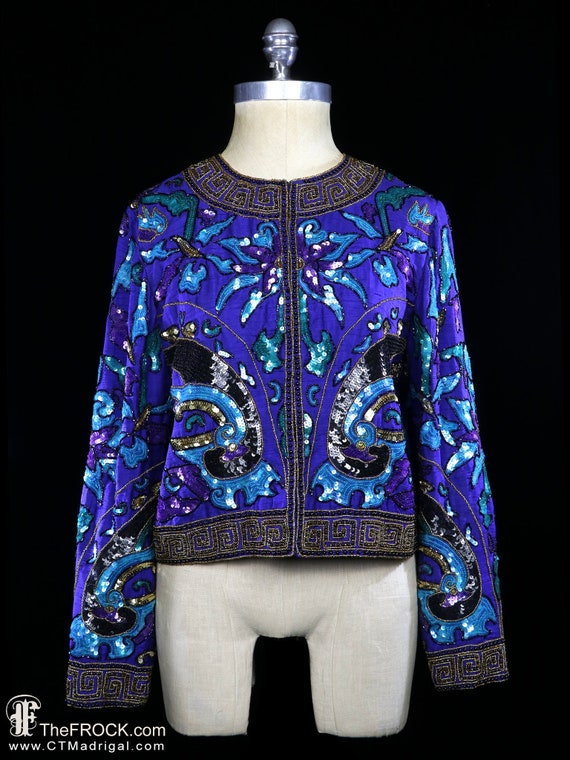 Beaded silk jacket, long sleeve evening coat, blu… - image 1