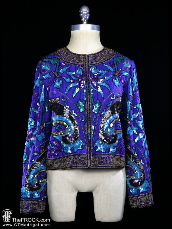 Beaded Silk Jacket Long Sleeve Evening Coat Blue Dupioni Cleopatra Collar Greek Key Asian Opera Sequined Sequins Beads Heavily Beaded Etsy Canada